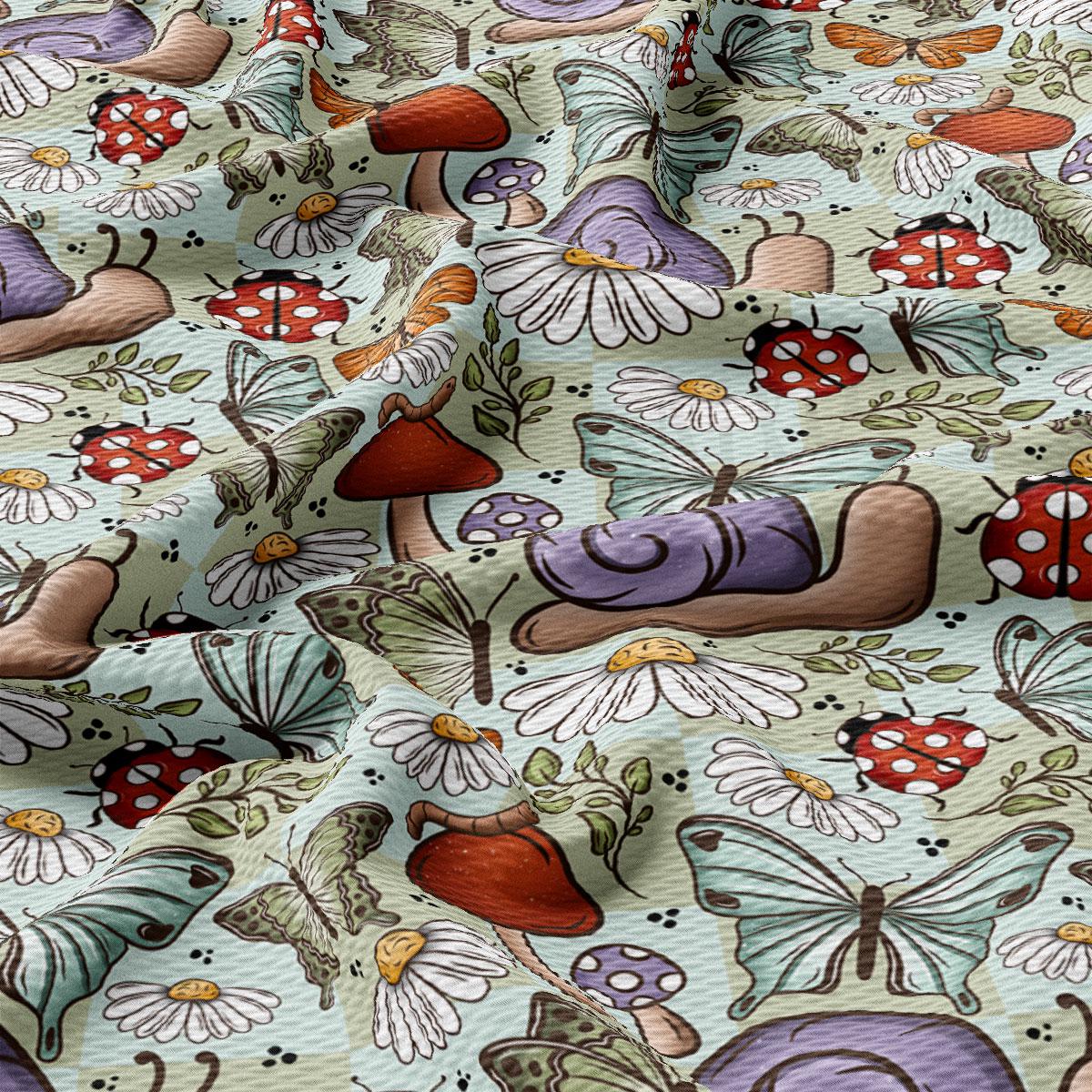 The image is a vibrant and whimsical collage of various colorful and detailed illustrations, including ladybugs, mushrooms, butterflies, and flowers, all set against a light green background.