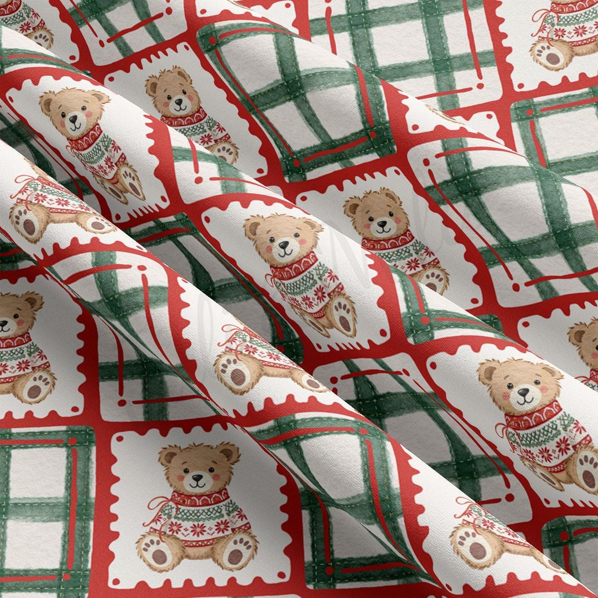 a fabric with a repeating pattern of teddy bears wearing Christmas sweaters, with a red and green plaid background.