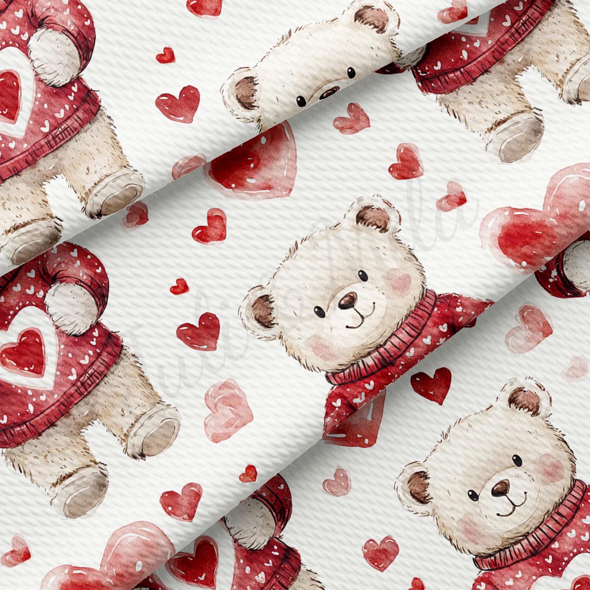 a repeating pattern of teddy bears wearing red sweaters and surrounded by red hearts.