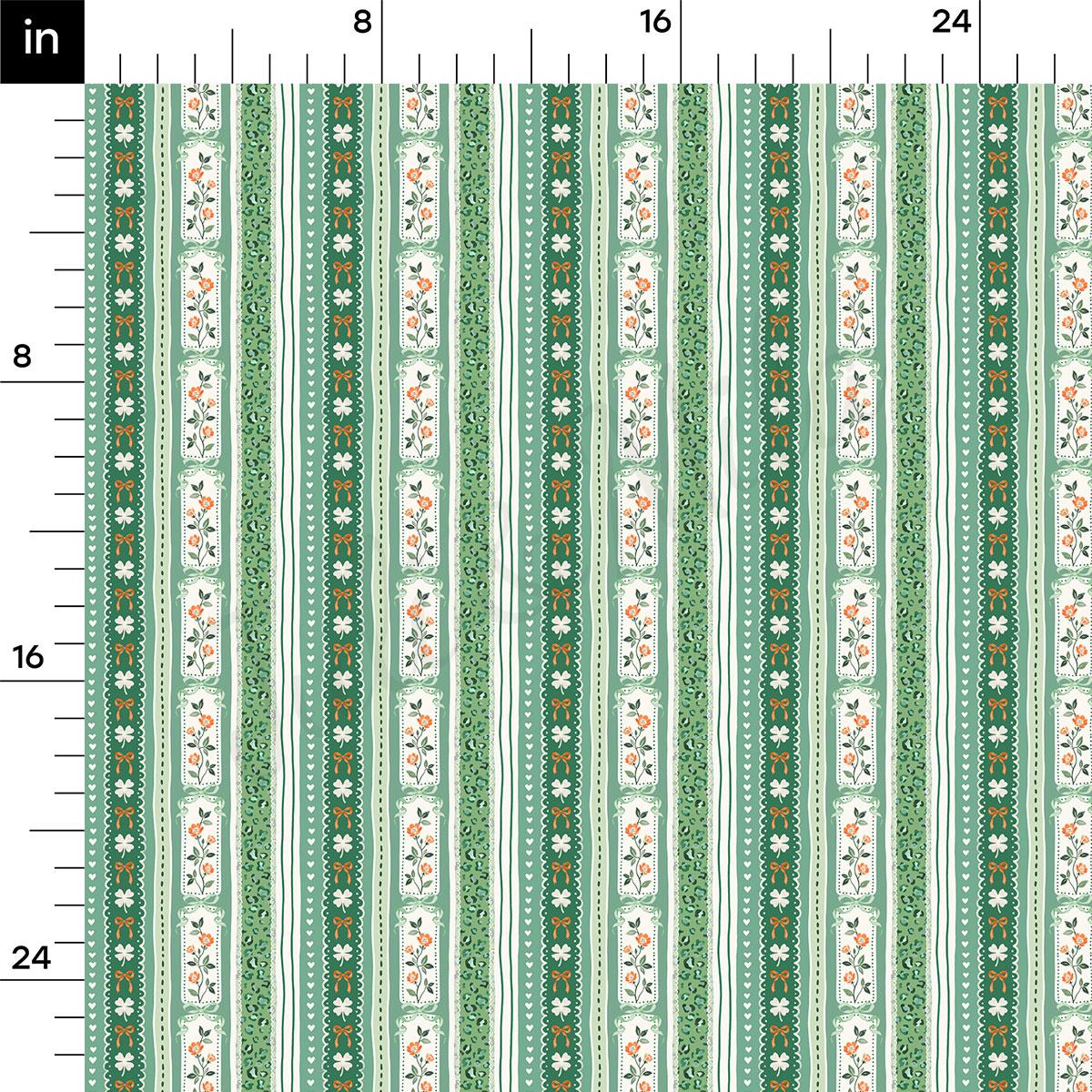 The image is a repeating pattern of green and white stripes with floral and geometric designs. The pattern is composed of vertical stripes, and the design elements include flowers, leaves, and geometric shapes. The image is not a single photograph but a collection of images that together create a cohesive design.