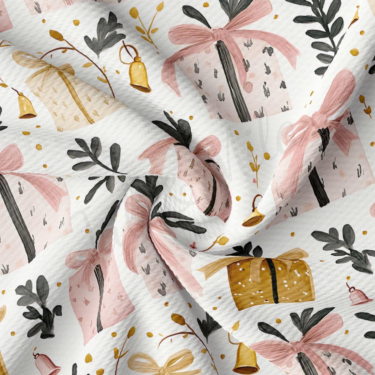 The image is a close-up of a fabric with a repeating pattern of pink and black gift boxes, along with other decorative elements such as leaves, bells, and flowers.