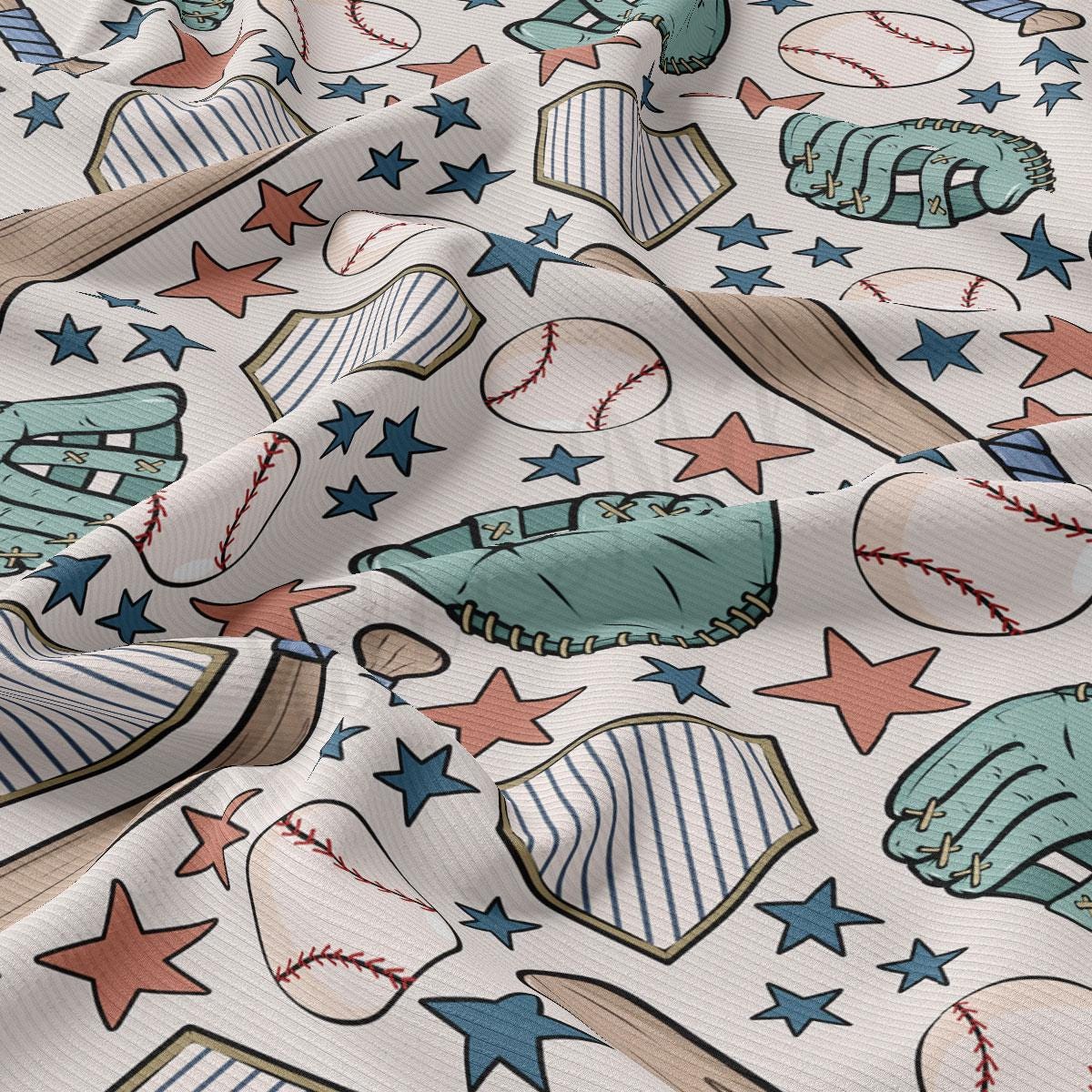 a baseball themed fabric with stars and bats
