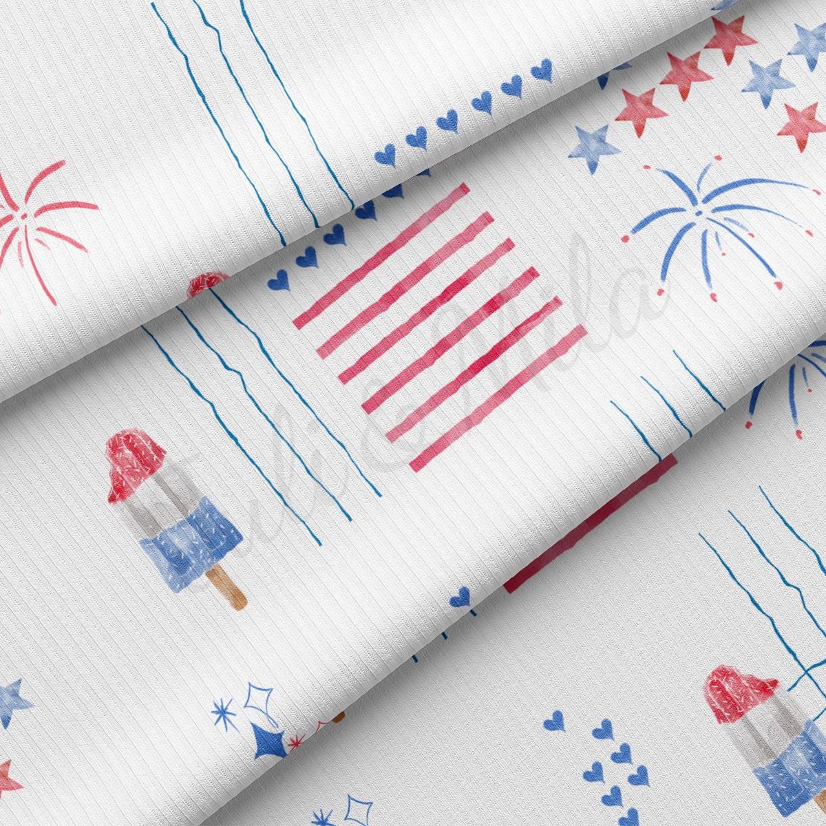 a white background with red, white, and blue fireworks