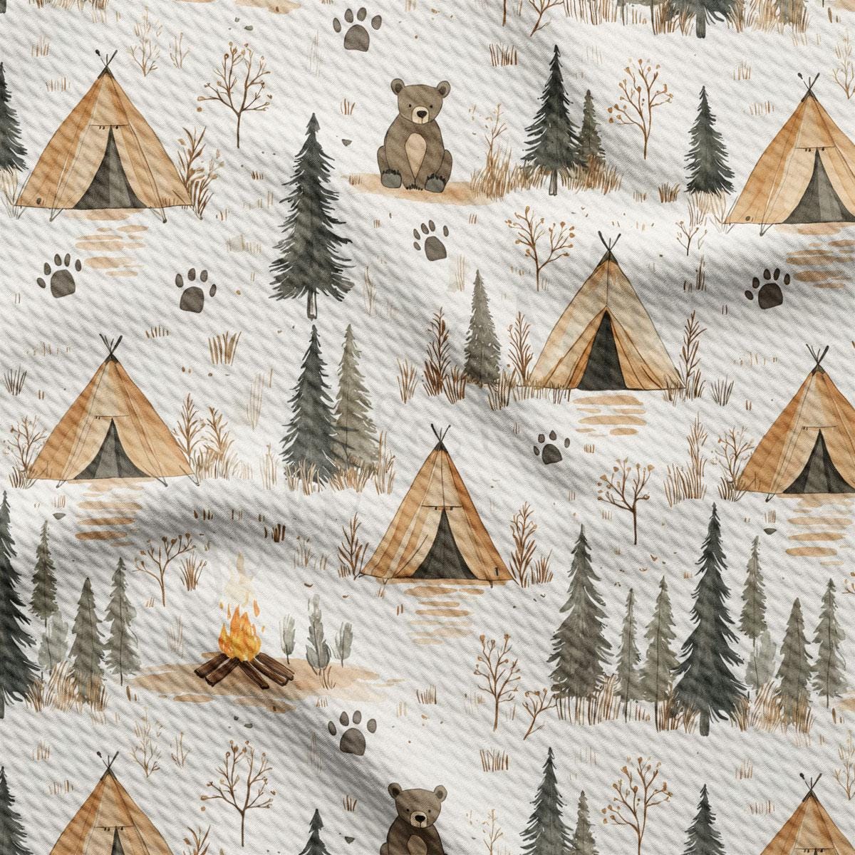 a repeating pattern of tents, pine trees, and bears in a forest setting.