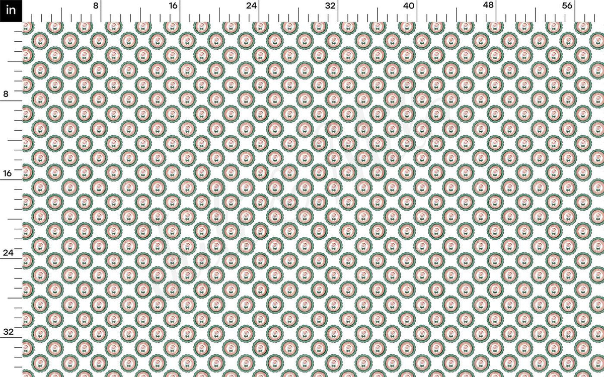 The image is a repeating pattern of circular shapes in shades of green and pink, arranged in a grid-like fashion. The pattern is composed of 24 circles, and the image is described as a fabric print or a textile print.