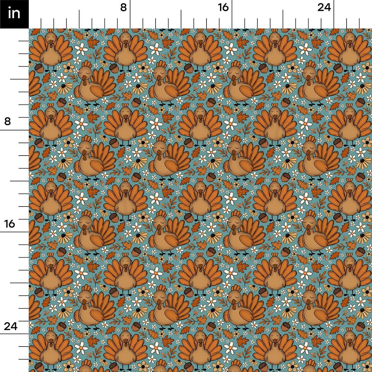 The image is a repeating pattern of turquoise birds with orange beaks and feet, along with white flowers and leaves, creating a festive and autumnal design.