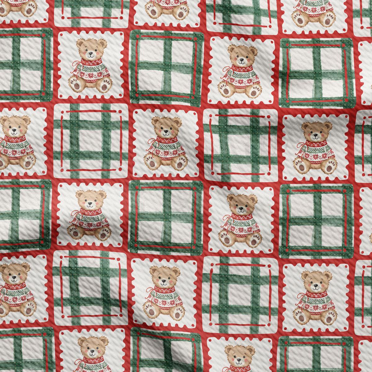 a repeating pattern of teddy bears wearing sweaters, arranged in a grid-like layout with green and red frames.