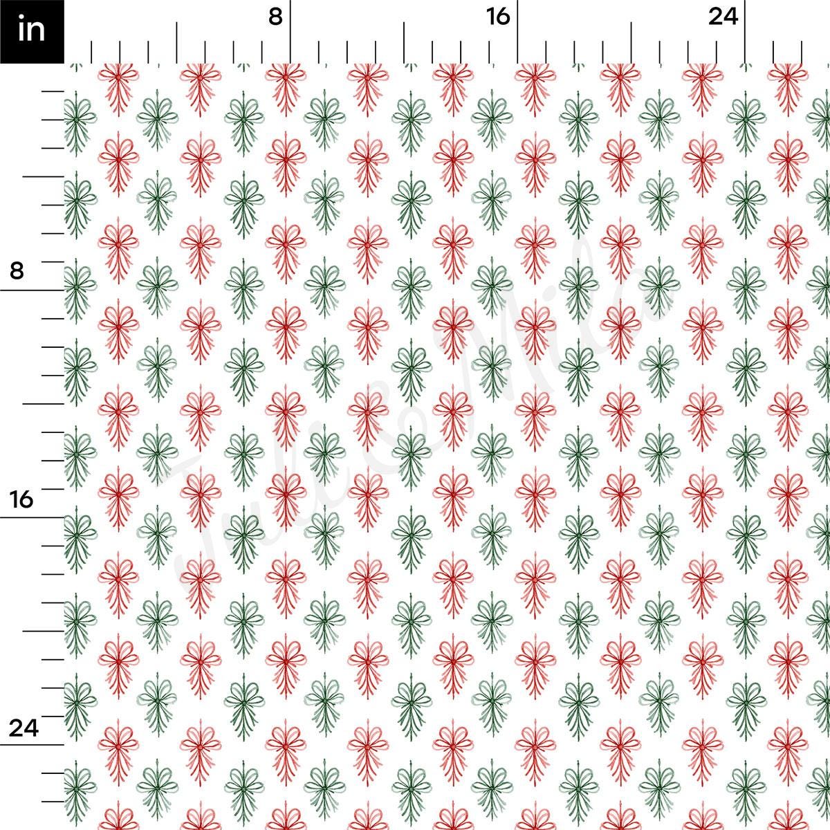 a repeating pattern of red and green bows on a white background. The bows are arranged in a grid-like fashion, creating a visually appealing and symmetrical design. The image does not contain any text or additional objects, and the relative positions of the bows remain consistent throughout the pattern.