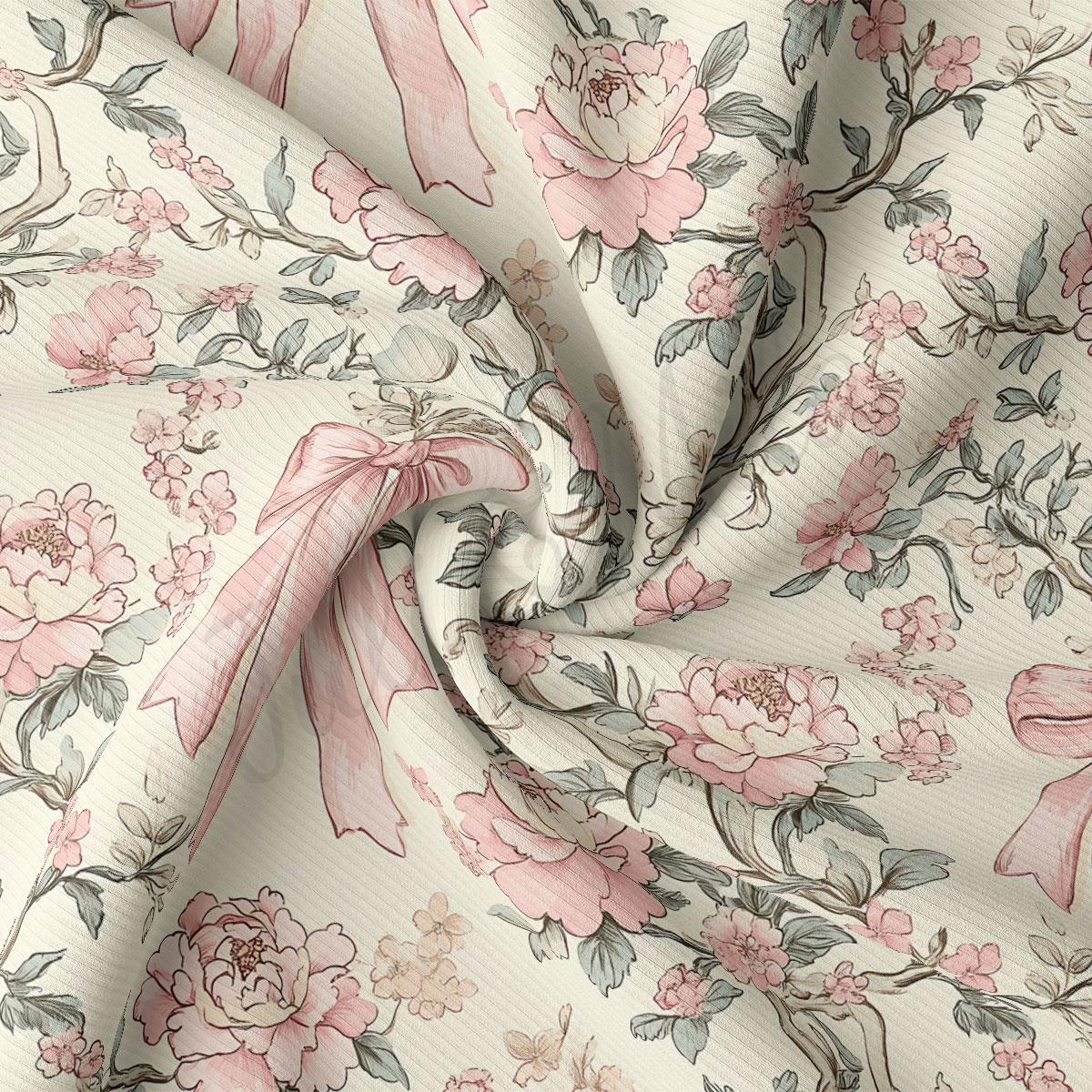 a close-up view of a fabric with a floral pattern, including pink flowers and leaves. The fabric appears to be made of a soft, light-colored material, possibly cotton or linen. The pattern is intricate and detailed, with the pink flowers and leaves filling the majority of the fabric's surface. The fabric is folded and twisted, creating a sense of movement and texture.