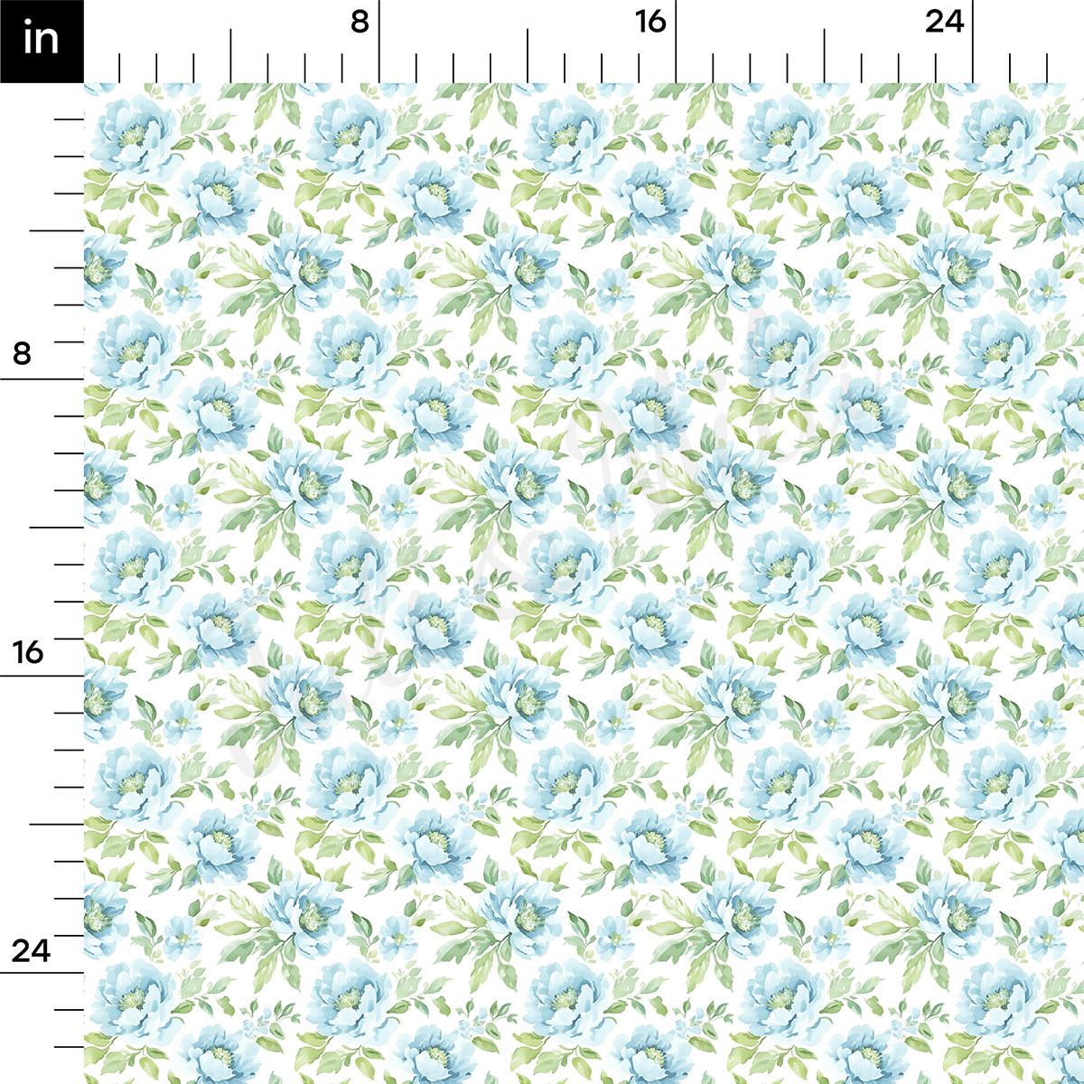 a repeating pattern of blue flowers and green leaves on a white background.