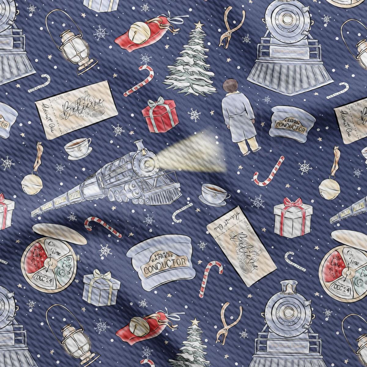a blue christmas wrapping with a train and gifts on it