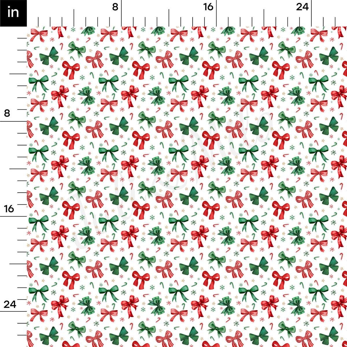 The image is a repeating pattern of red and green bows and candy canes on a white background.