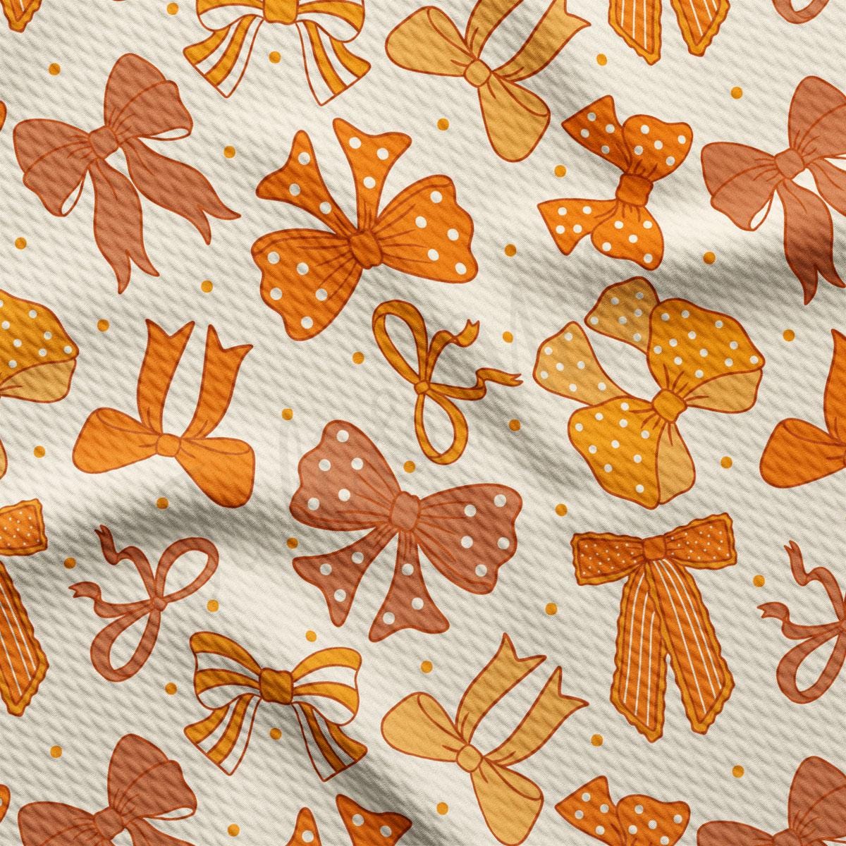 a repeating pattern of various bows and polka dots in shades of orange and brown, creating a visually appealing and festive design.