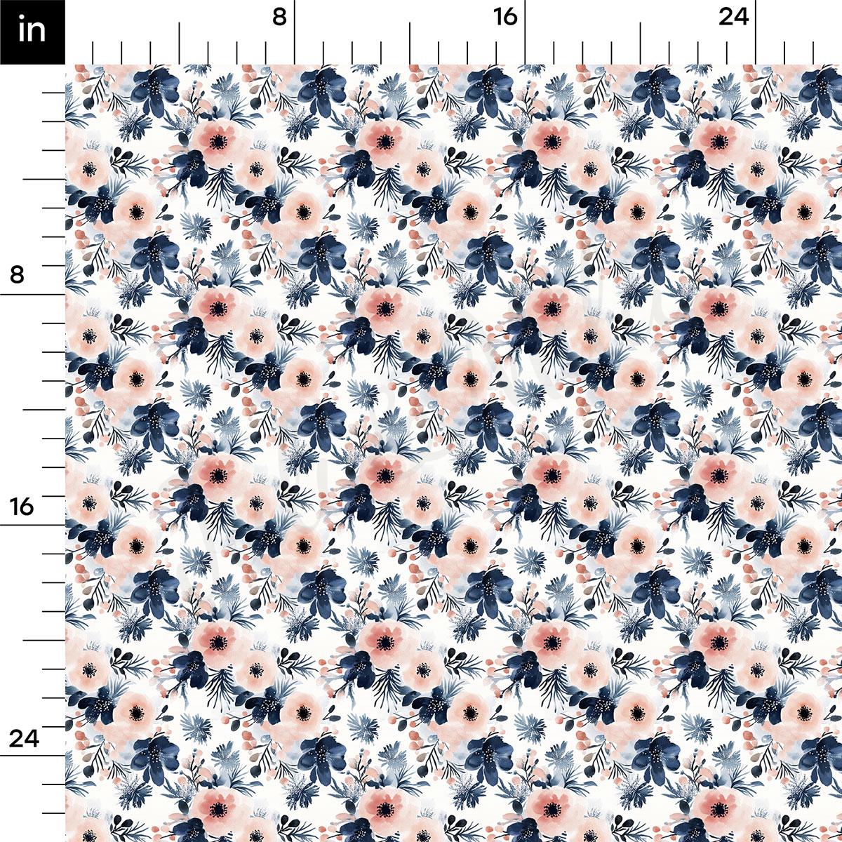 The image is a repeating pattern of various flowers and leaves in shades of blue, pink, and white. The pattern is composed of different types of flowers and leaves, creating a visually appealing and intricate design.