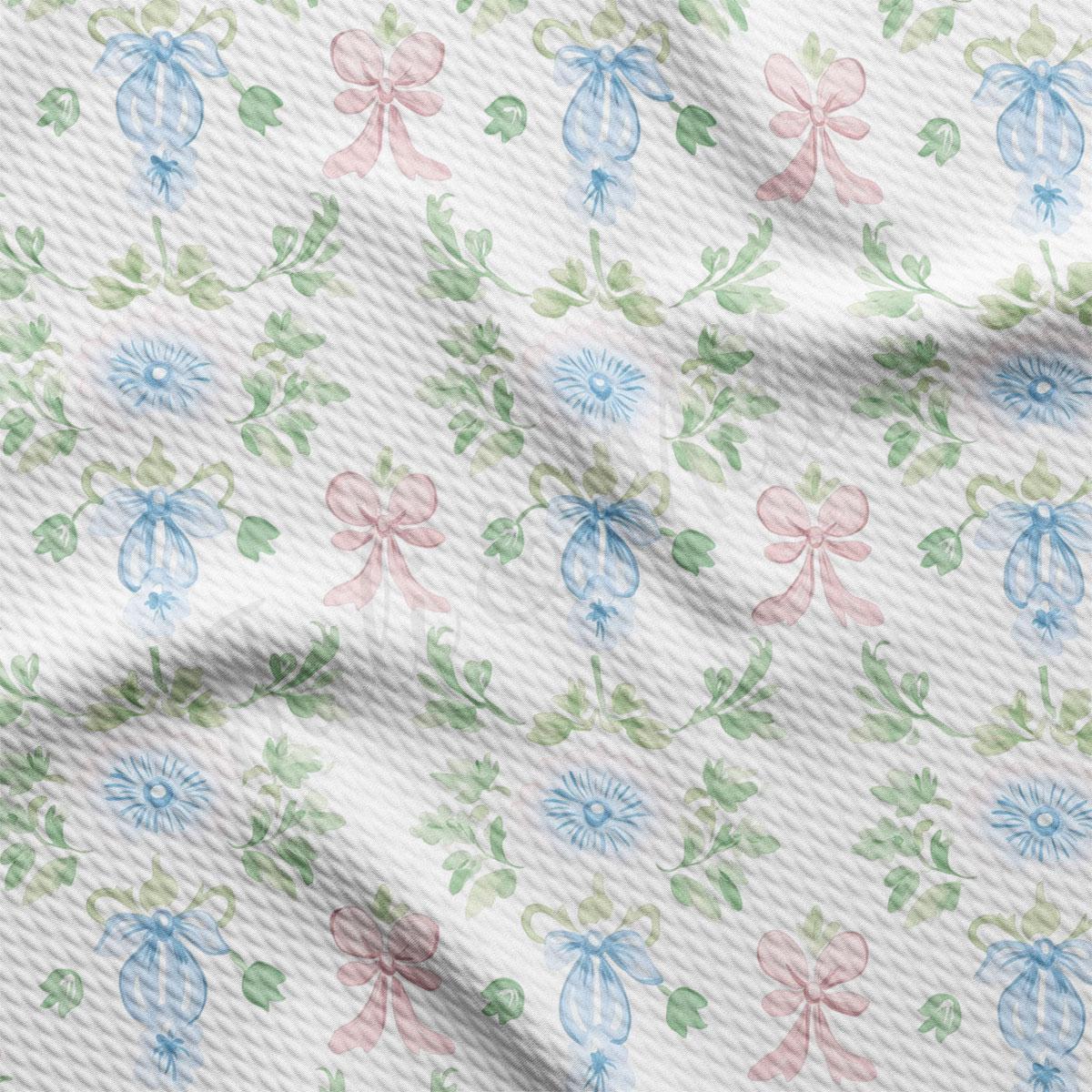 a repeating pattern of blue and pink flowers and leaves on a white background.
