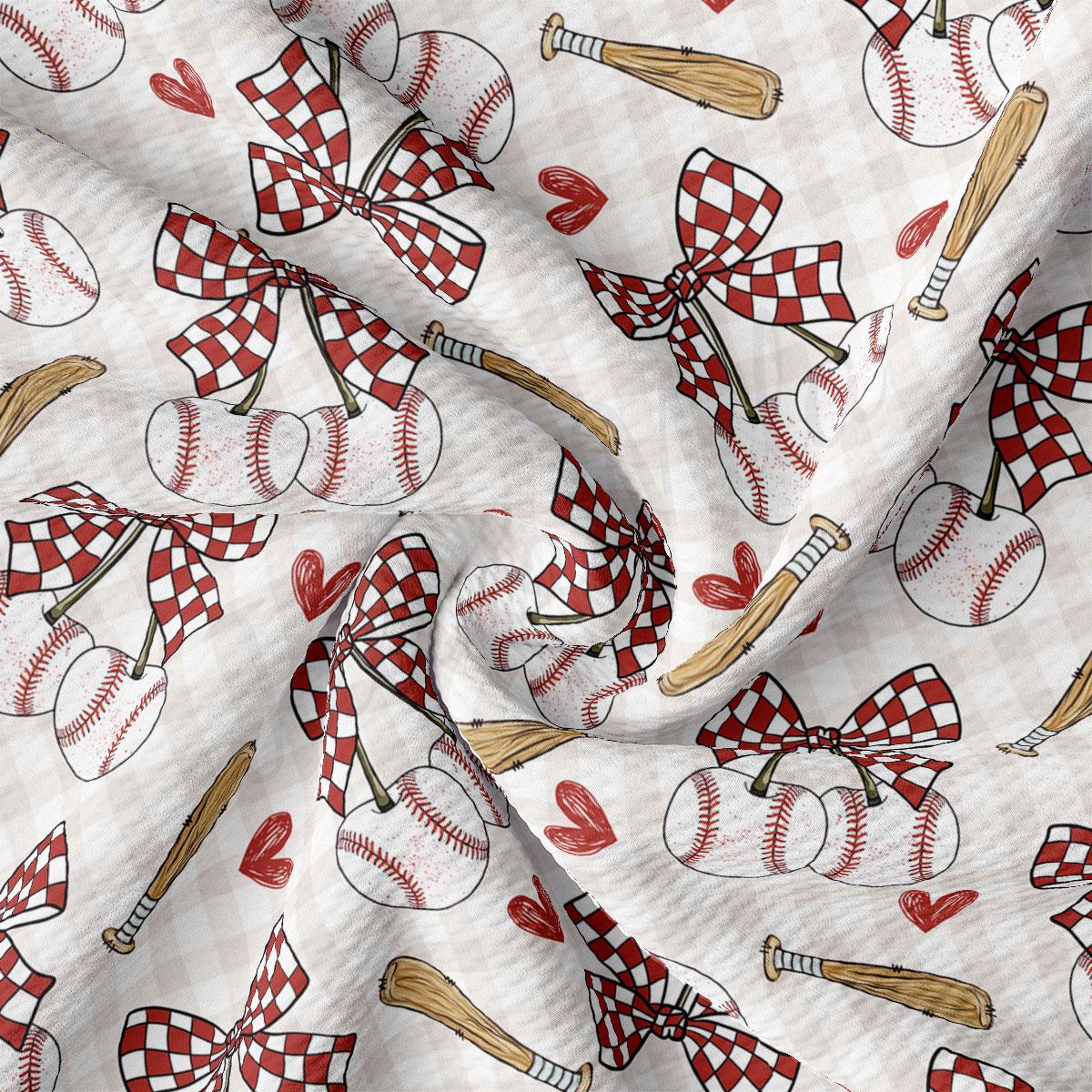 a repeating pattern of baseball-related objects, including baseballs, bats, and checkered flags, all set against a white background.