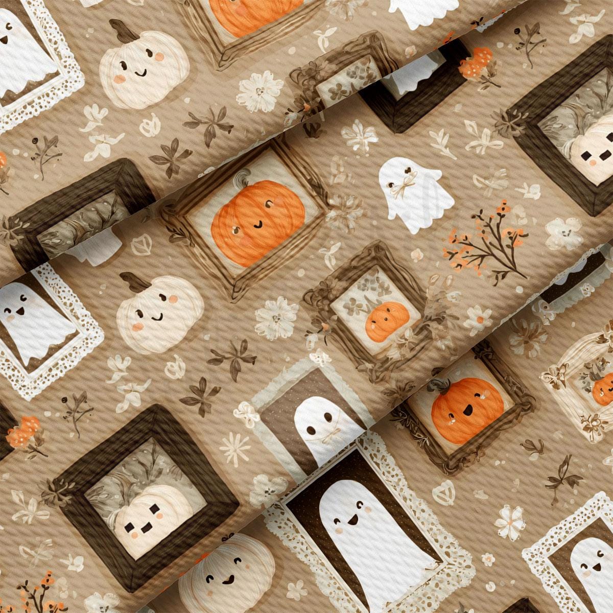 The image is a repeating pattern of Halloween-themed illustrations, including pumpkins, ghostly figures, and floral elements.