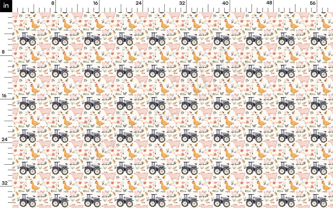 a repeating pattern of farm animals and farm equipment, including tractors, cows, and chickens, all set against a white background.