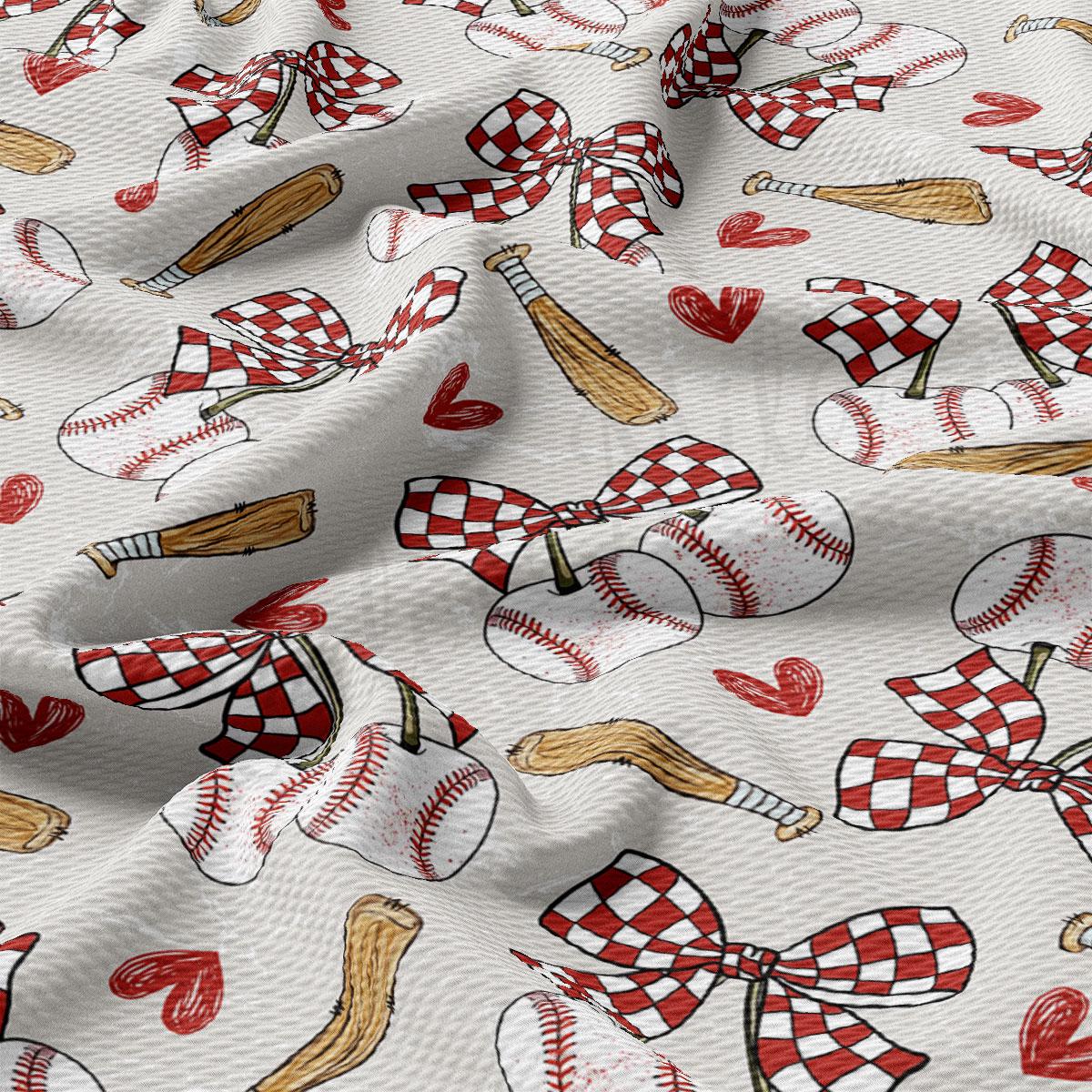 a repeating pattern of baseball-related objects, including baseballs, bats, and baseball gloves, all adorned with red and white checkered patterns.