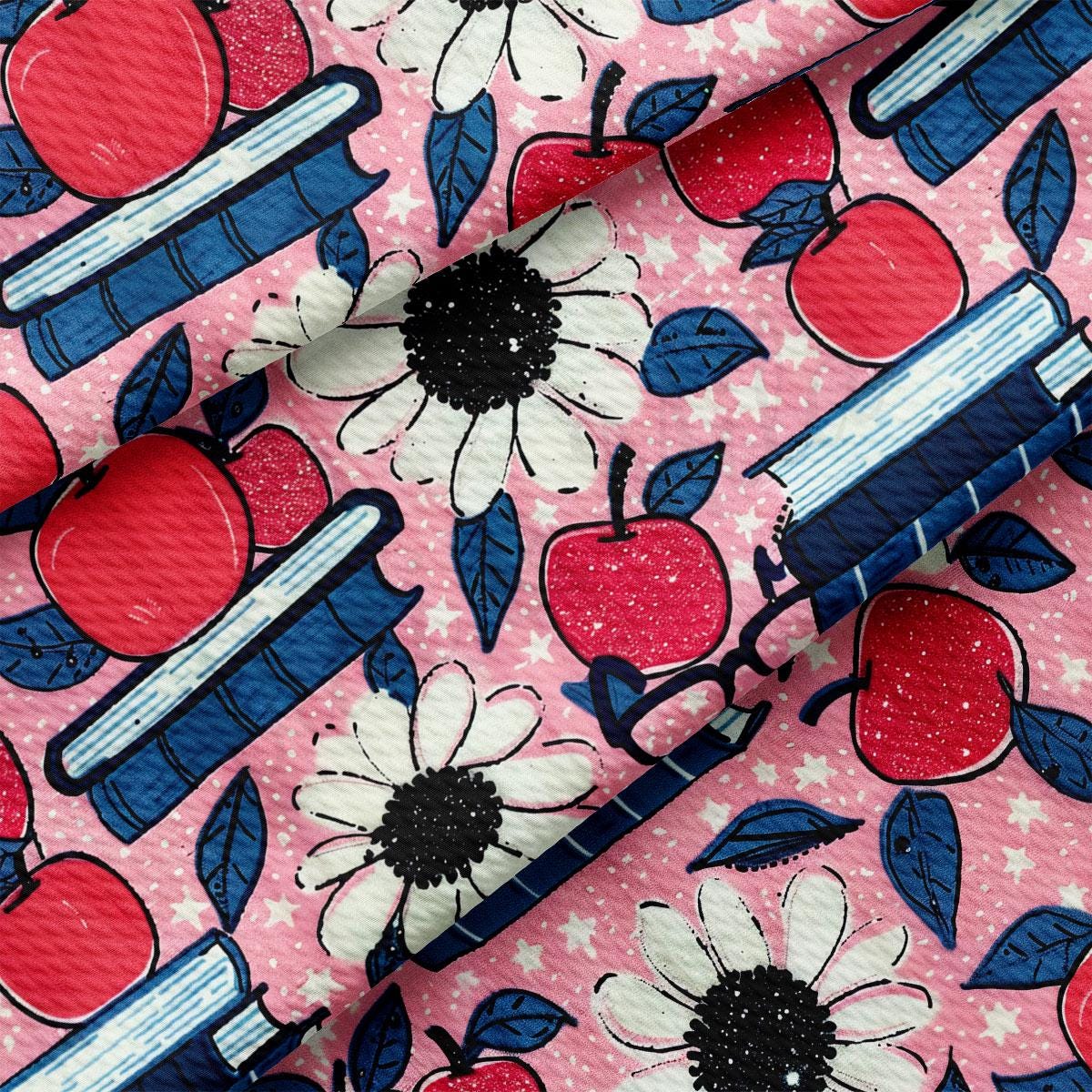 a close up of a pink background with red, white and blue flowers