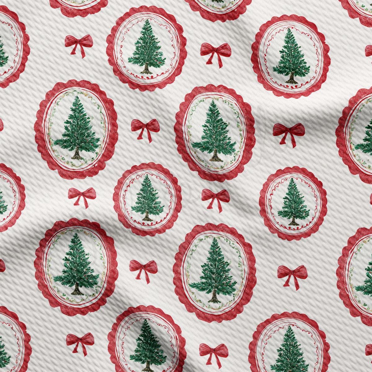 a repeating pattern of Christmas trees and red bows on a white background.