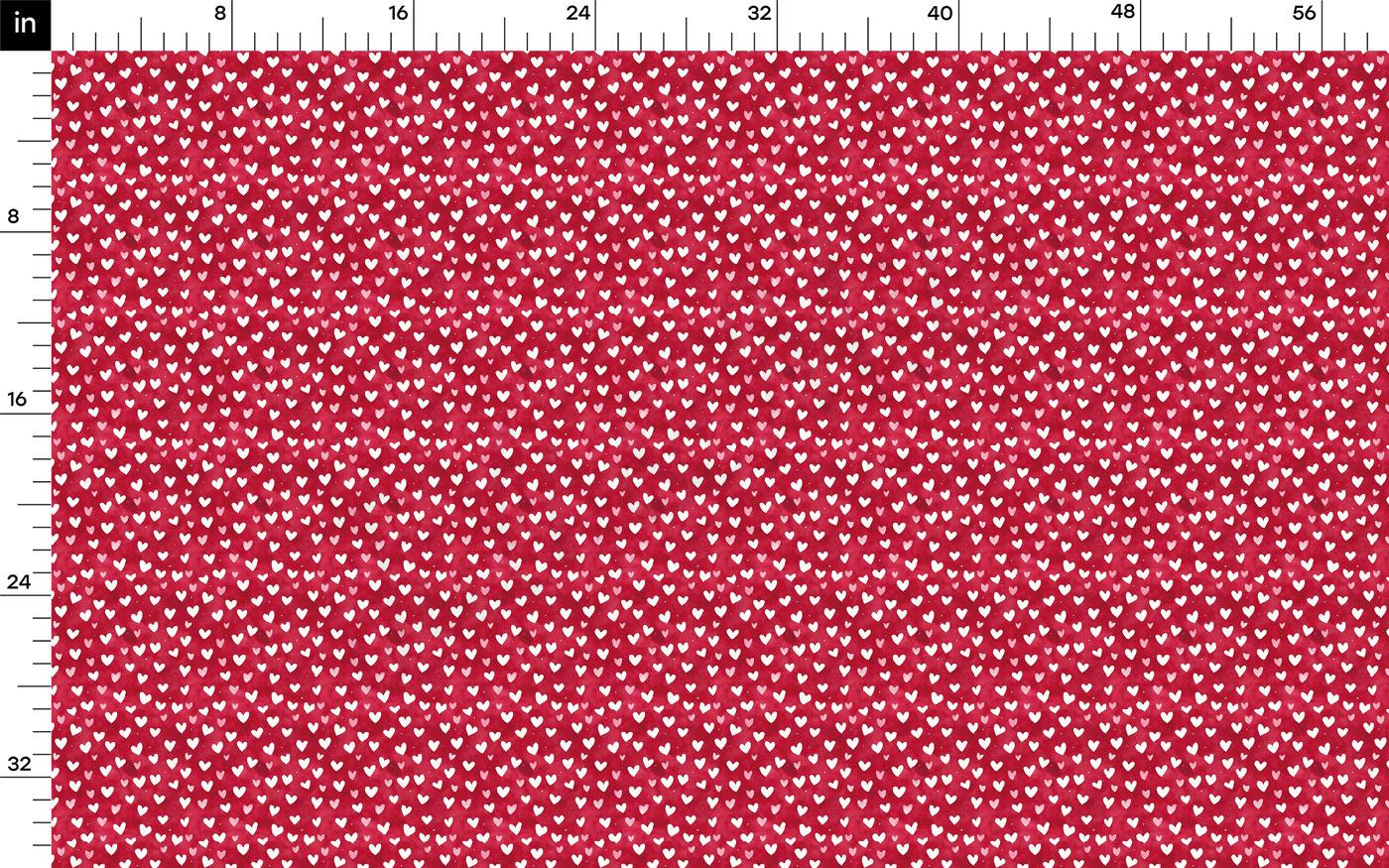 a red fabric with a pattern of small white hearts on it. The fabric appears to be a fabric with a repeating pattern of hearts, possibly used for sewing or other textile applications.