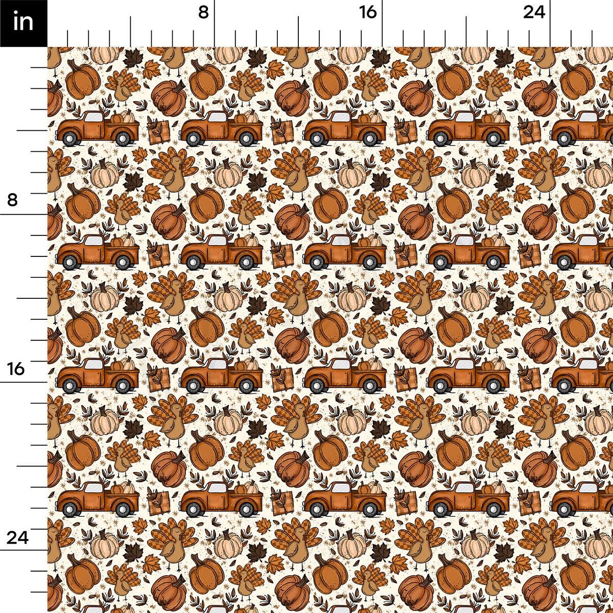 The image is a repeating pattern of orange trucks and pumpkins, with the trucks appearing in various positions and the pumpkins scattered throughout the scene.