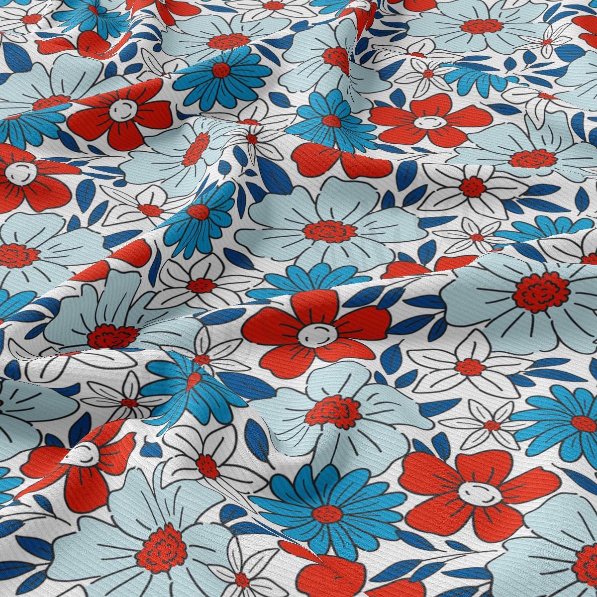 a red, white, and blue flower print fabric