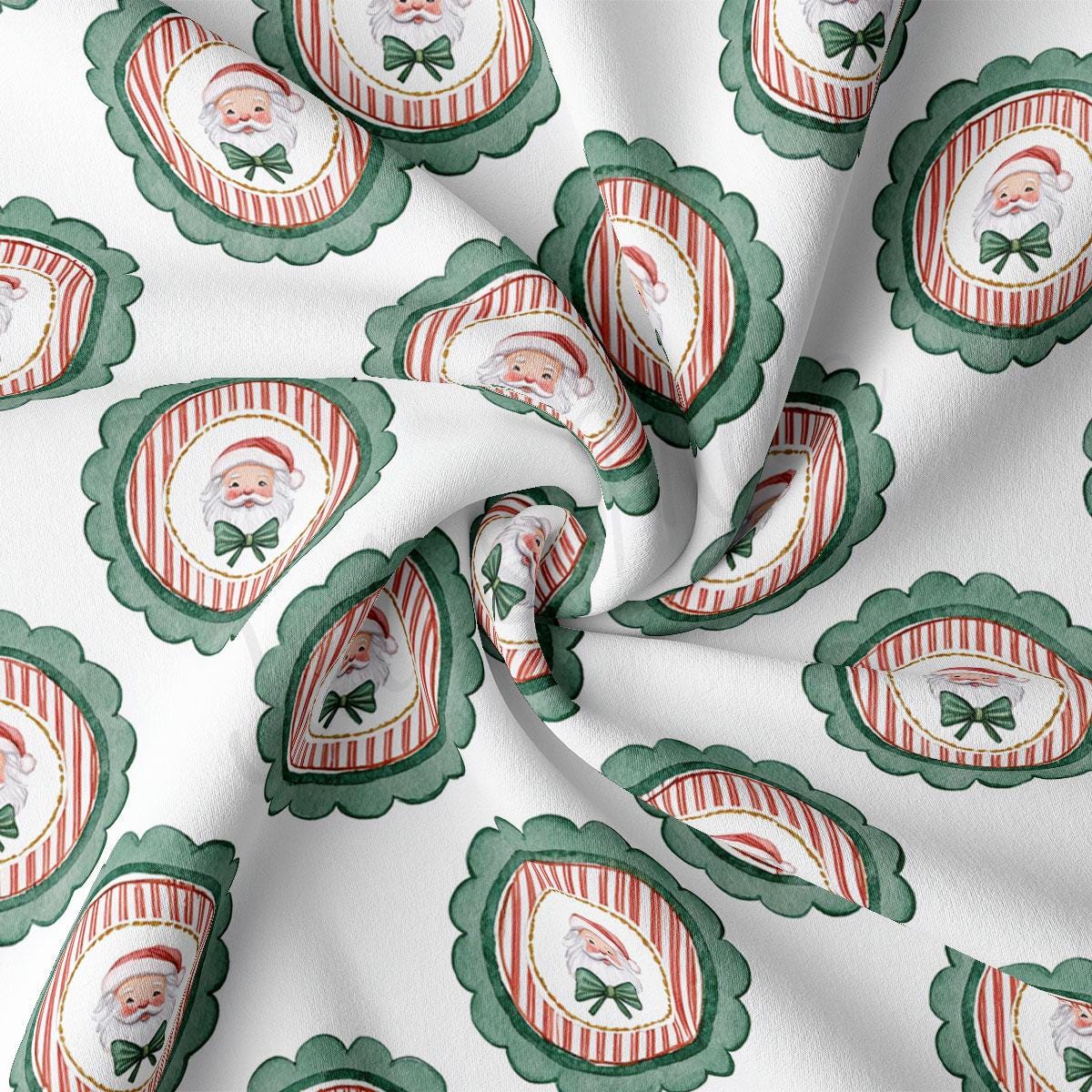 The image is a close-up of a fabric with a repeating pattern of Santa Claus and green bows on a white background.