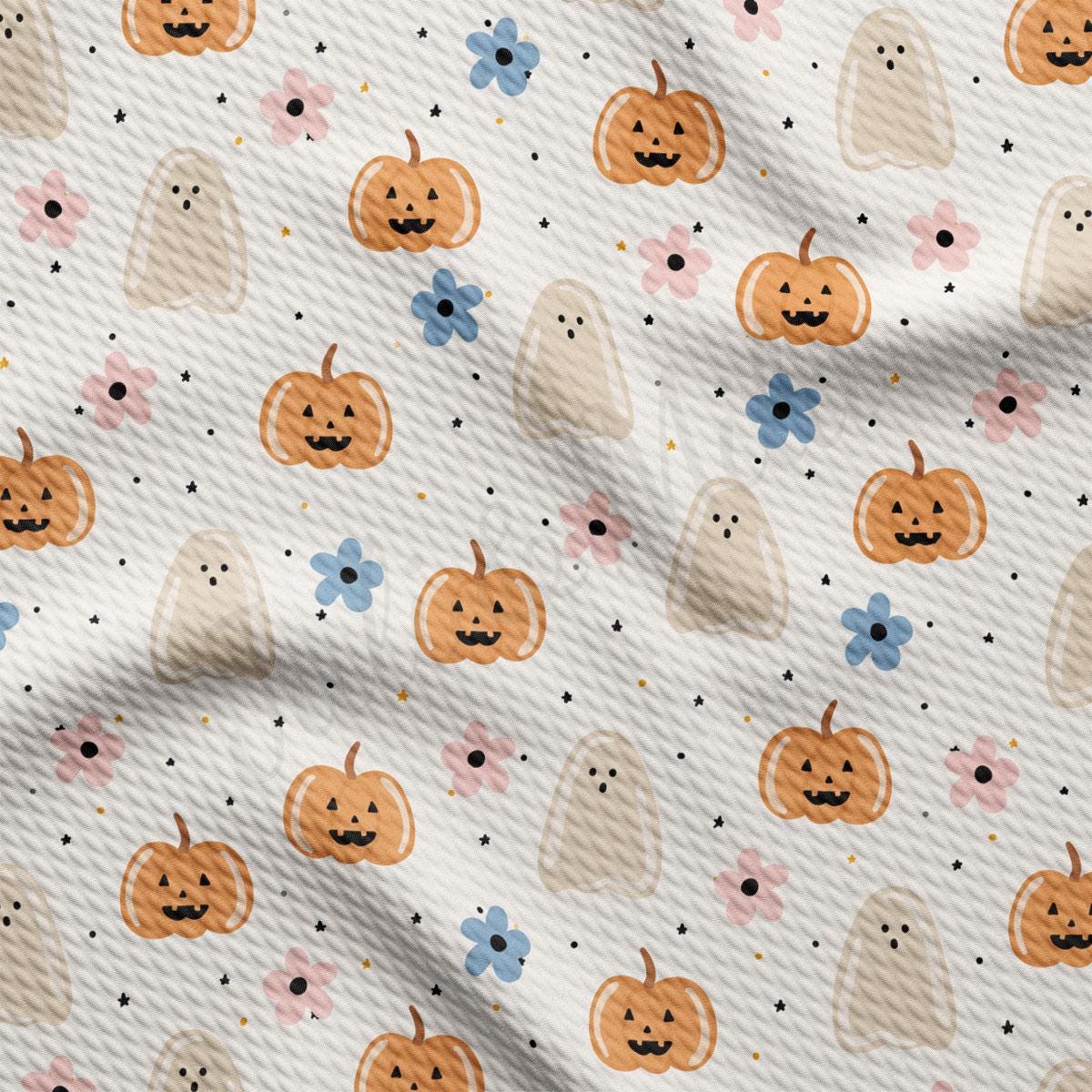 a repeating pattern of Halloween-themed pumpkins and ghost-like figures on a white background.
