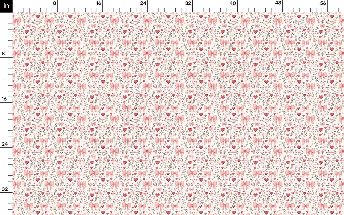The image is a repeating pattern of pink flowers and hearts on a white background.