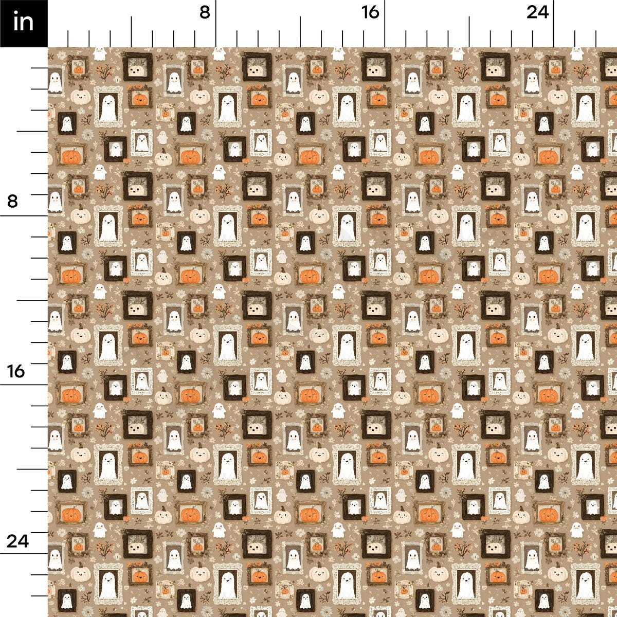 a repeating pattern of Halloween-themed silhouettes, including ghostly figures, pumpkins, and other spooky elements. The pattern is composed of various shapes and sizes, creating a visually striking and festive design.