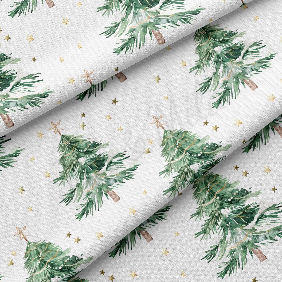 a repeating pattern of green Christmas trees with gold stars scattered throughout the background.