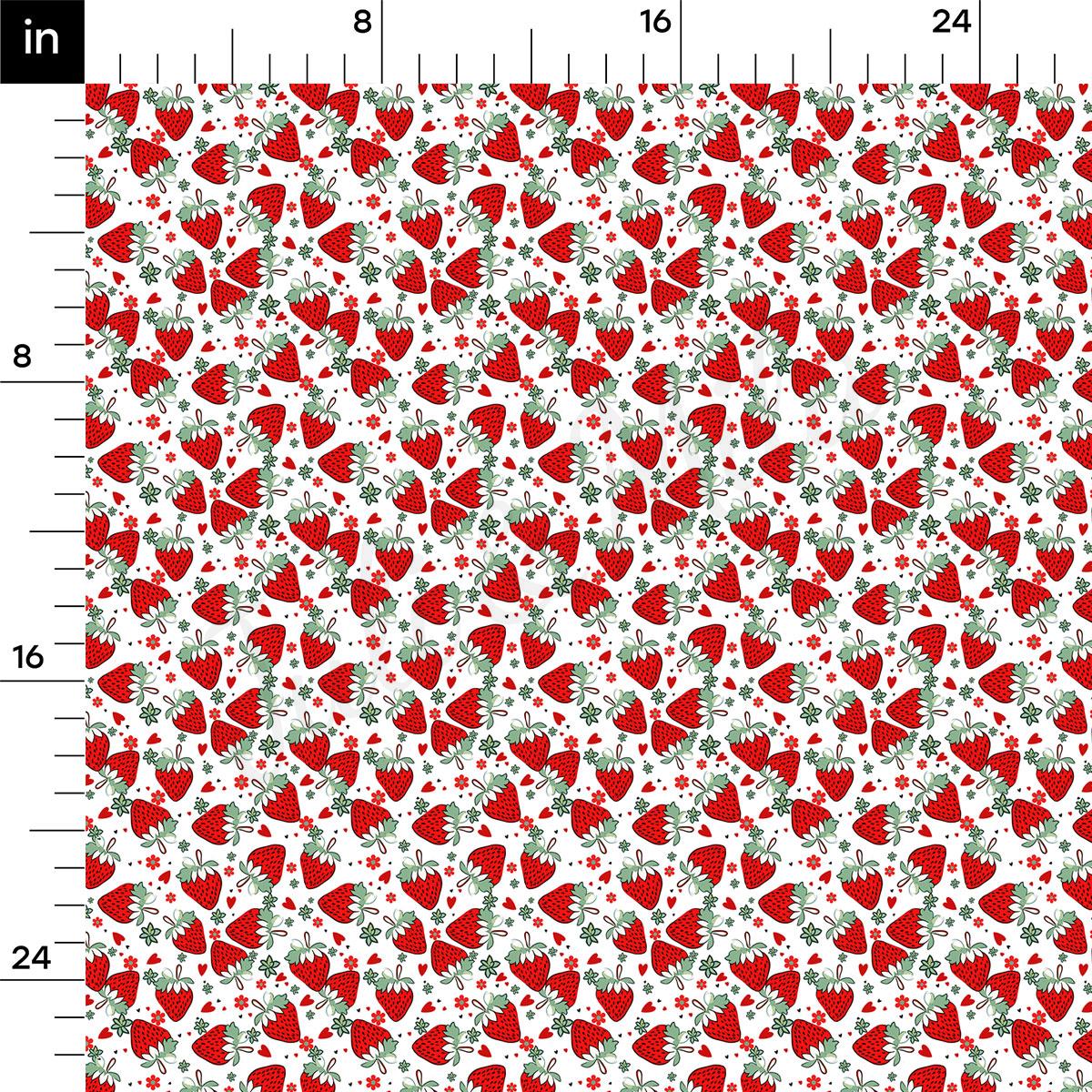 a repeating pattern of red strawberries on a white background, with some green leaves and small white flowers interspersed throughout the pattern.