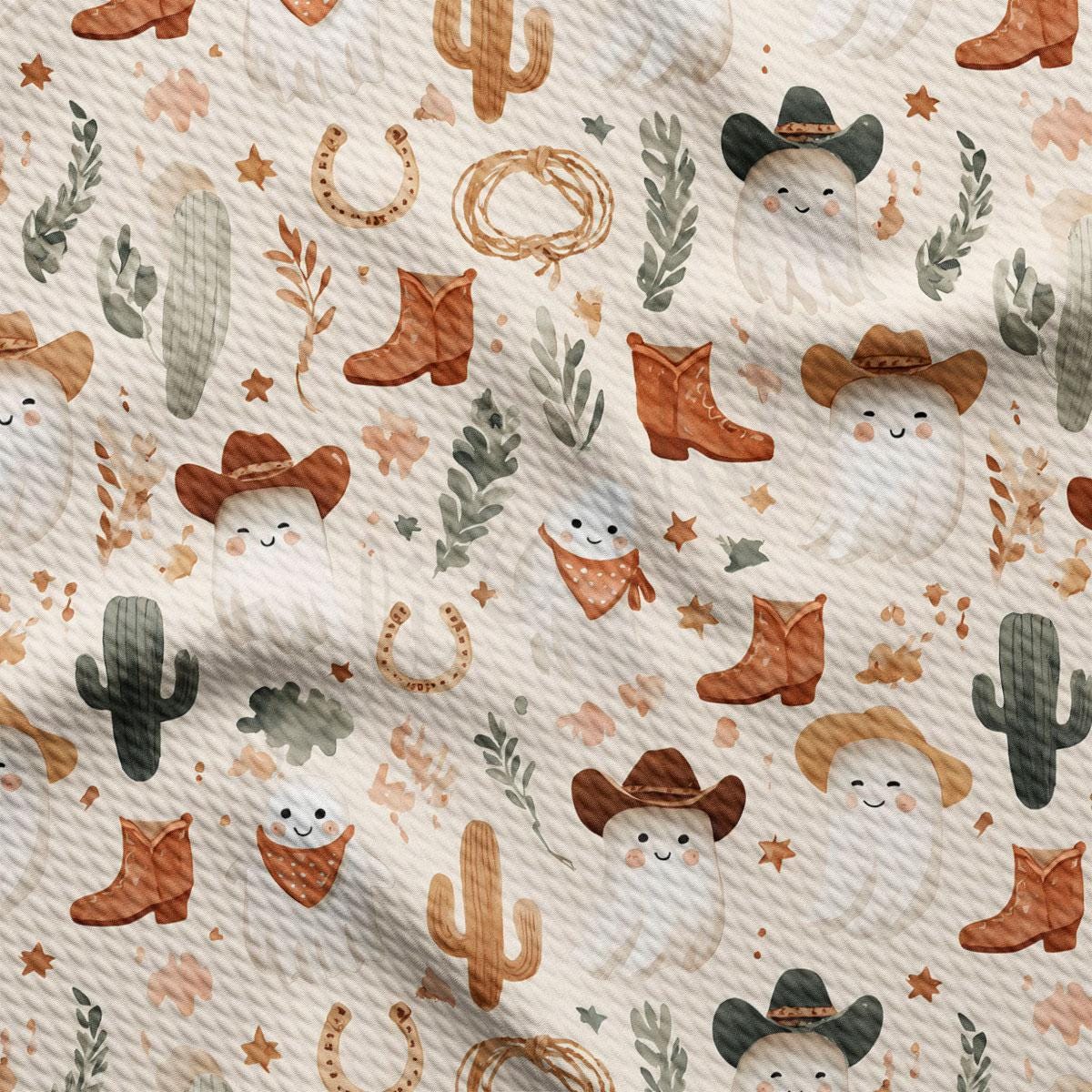 a repeating pattern of various cowboy-themed objects, including cacti, horses, and boots, all rendered in a whimsical and playful style.