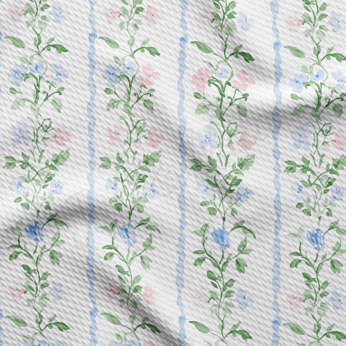 a repeating pattern of green and pink flowers on a white background, with vertical blue lines running through the pattern.