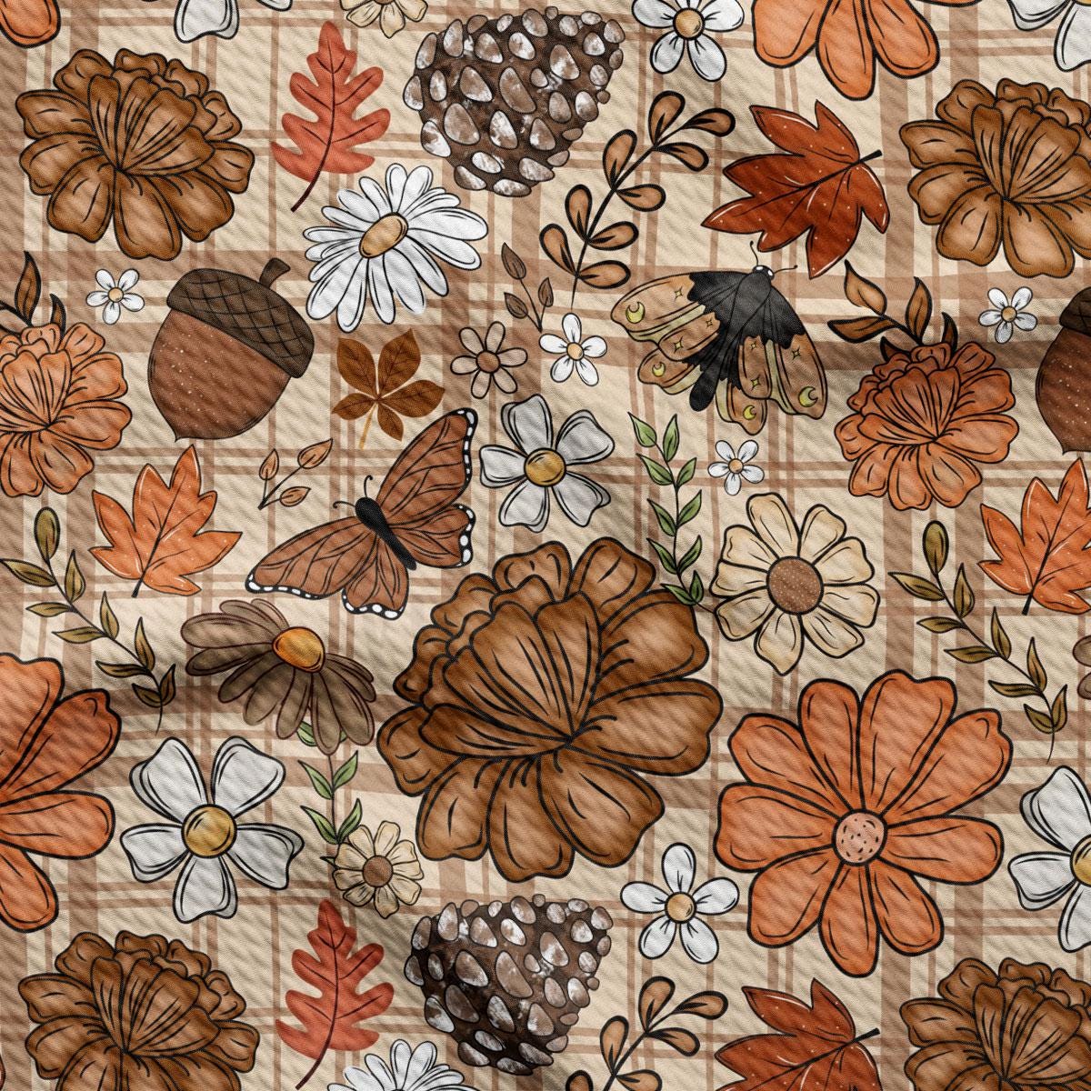The image is a collage of various autumn-themed elements, including flowers, leaves, pine cones, and acorns, all rendered in a brown and beige color scheme.