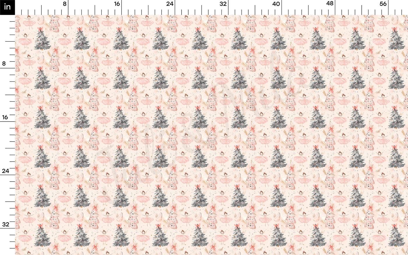 a repeating pattern of Christmas trees and ballet dancers on a light pink background.
