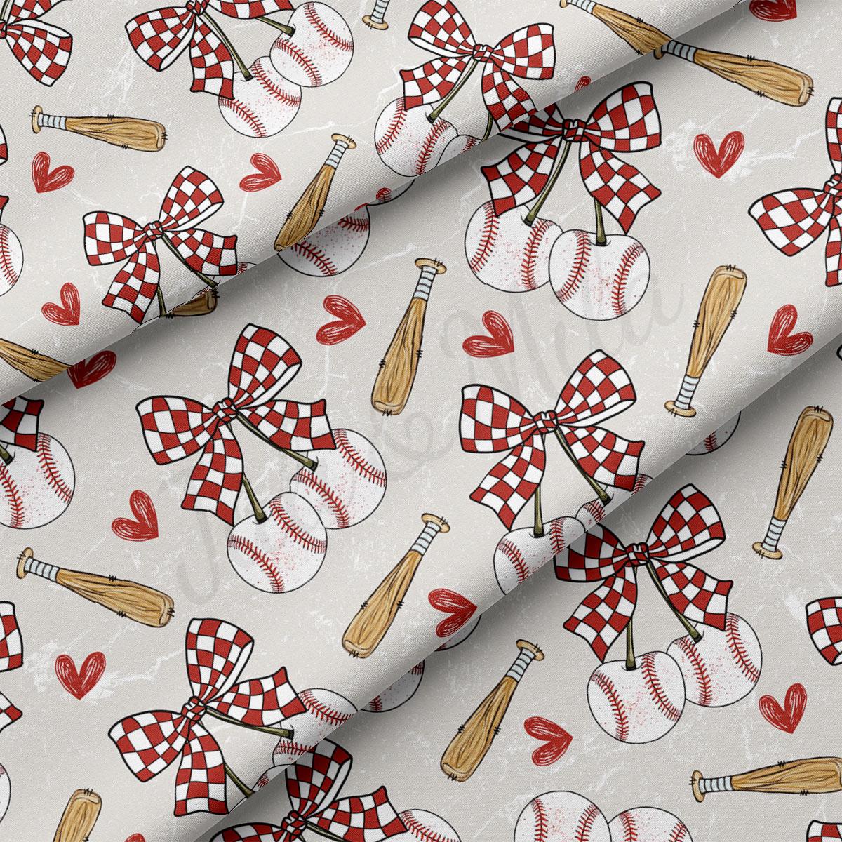 a repeating pattern of baseball-related objects, including baseballs, bats, and baseball gloves, all adorned with checkered bows.