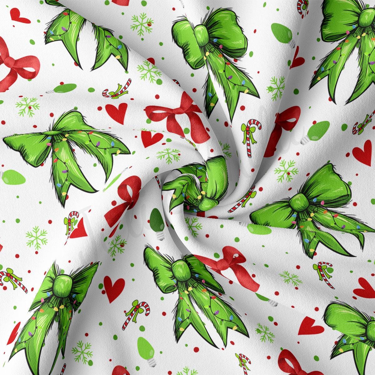 a festive pattern with green bows, red hearts, and snowflakes.