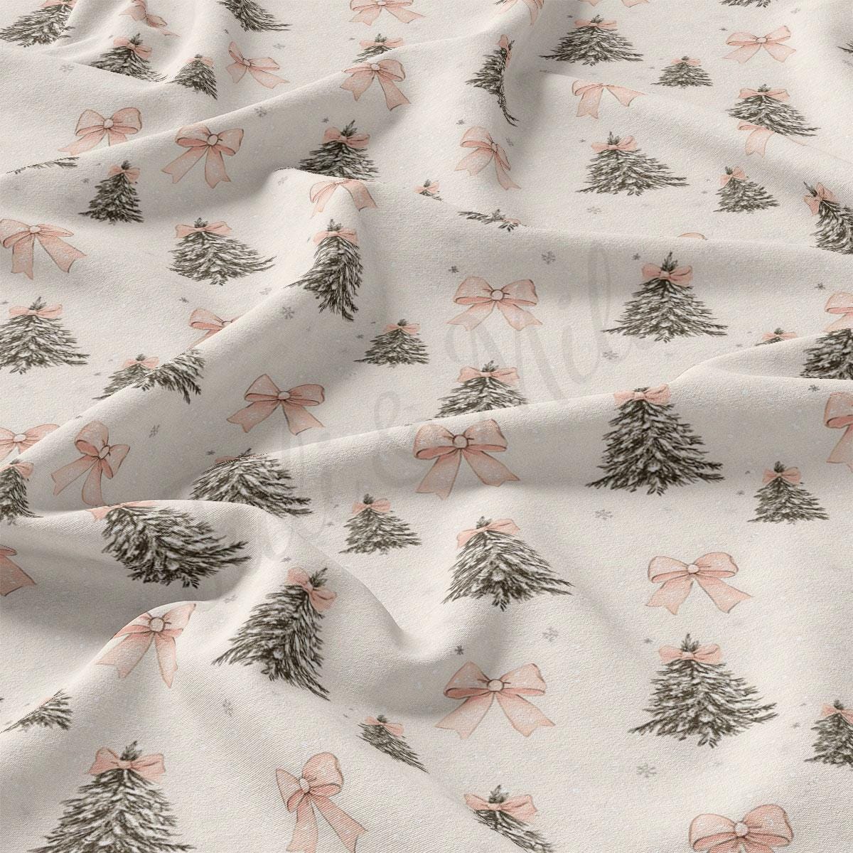 a repeating pattern of Christmas trees with pink bows on a white background.