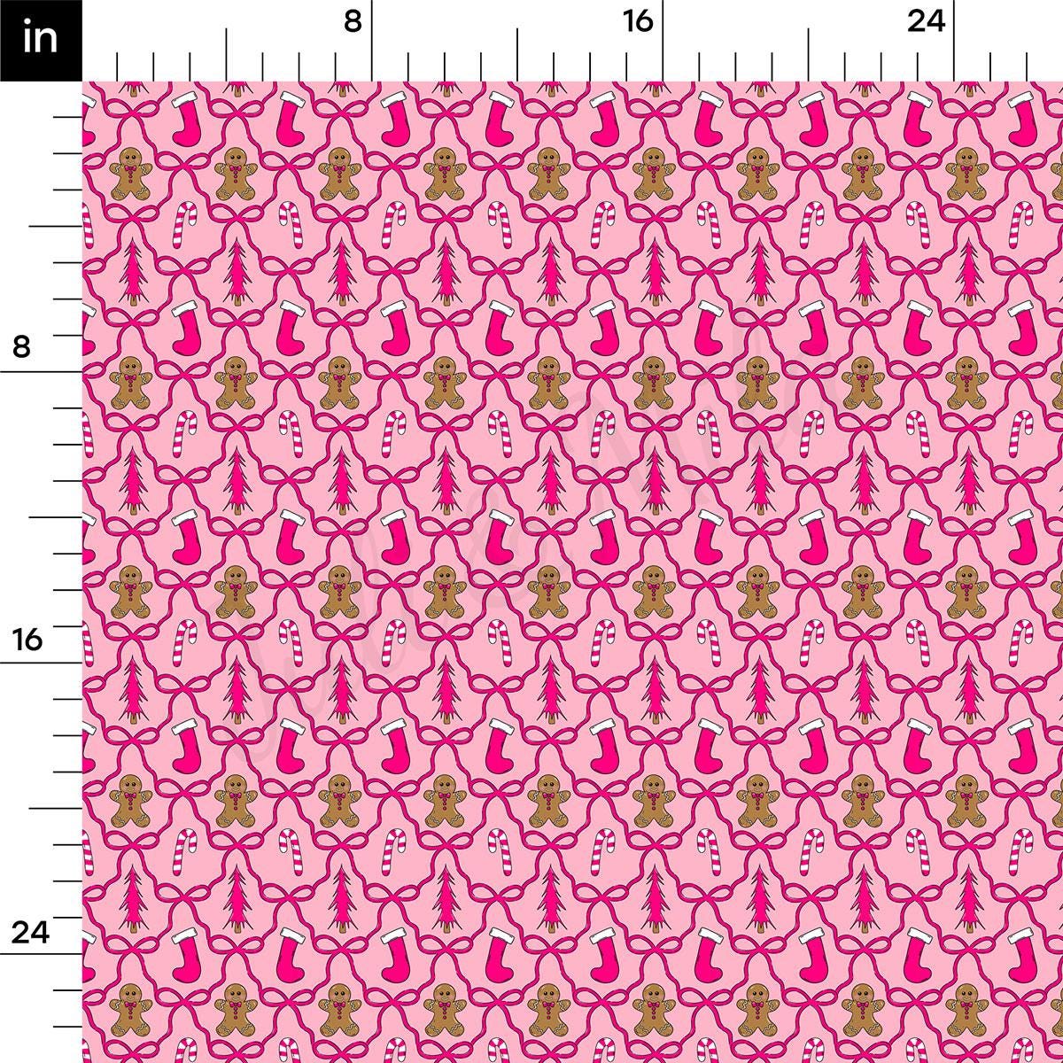 The image is a repeating pattern of pink and brown Christmas-themed elements, including gingerbread men, candy canes, and stockings.