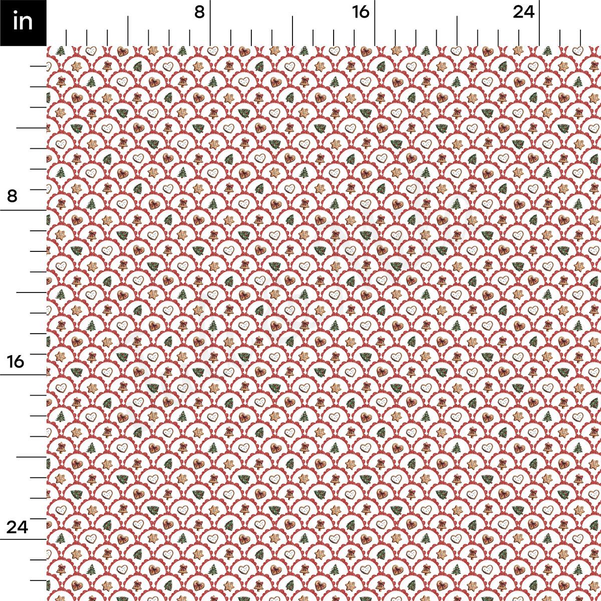 The image is a repeating pattern of red and white Christmas-themed designs, including Christmas trees, snowflakes, and other festive elements. The pattern is arranged in a grid-like fashion, with each design repeating across the entire image. The image does not contain any text or other discernible objects, and the relative positions of the designs to each other remain consistent throughout the image.