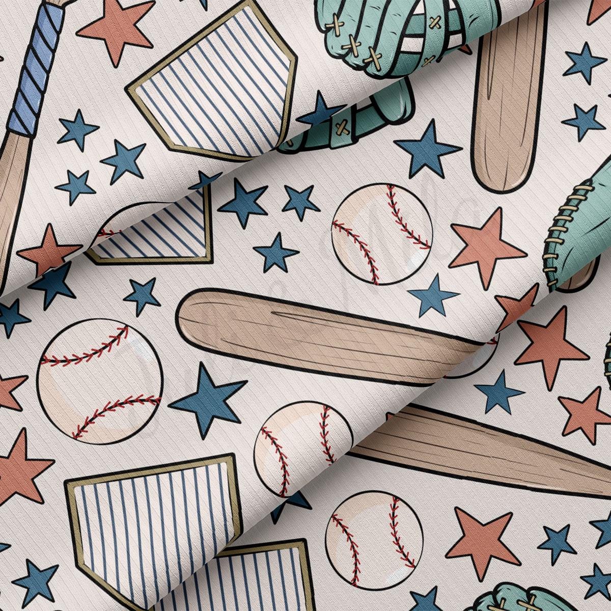 a pattern of baseballs, bats, and stars on a white background