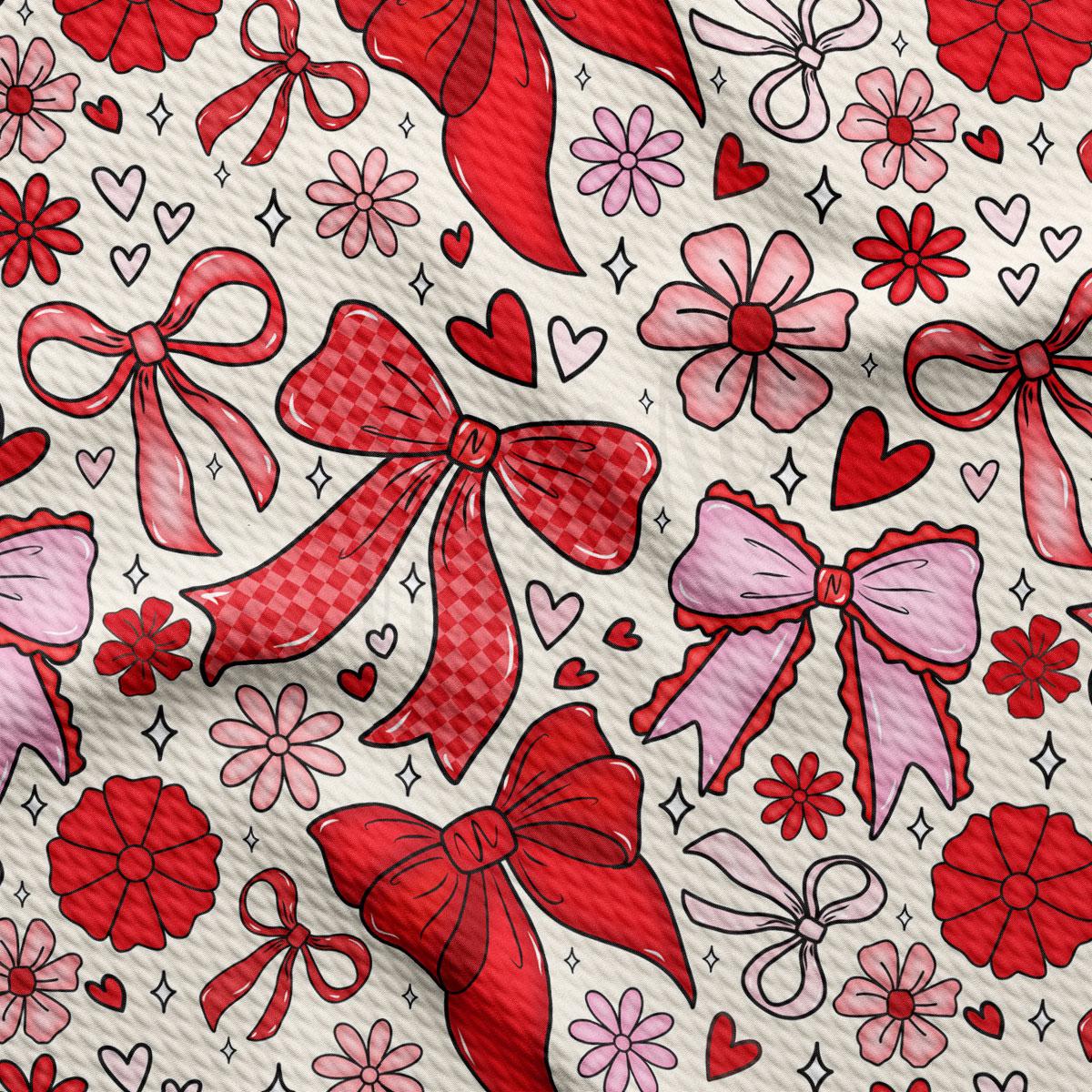 a repeating pattern of red bows and pink flowers on a white background.