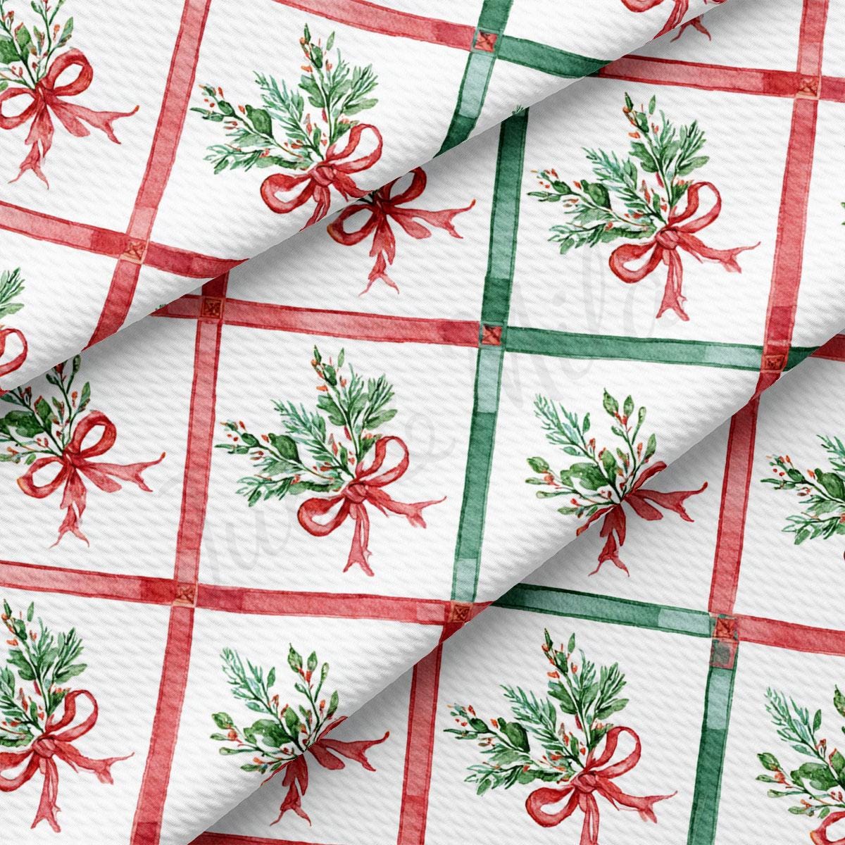 a repeating pattern of red and green bows and greenery on a white background, creating a festive and holiday-themed design.
