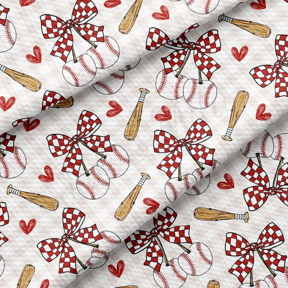 a repeating pattern of baseball-related objects, including baseballs, bats, and ribbons, all set against a white background.