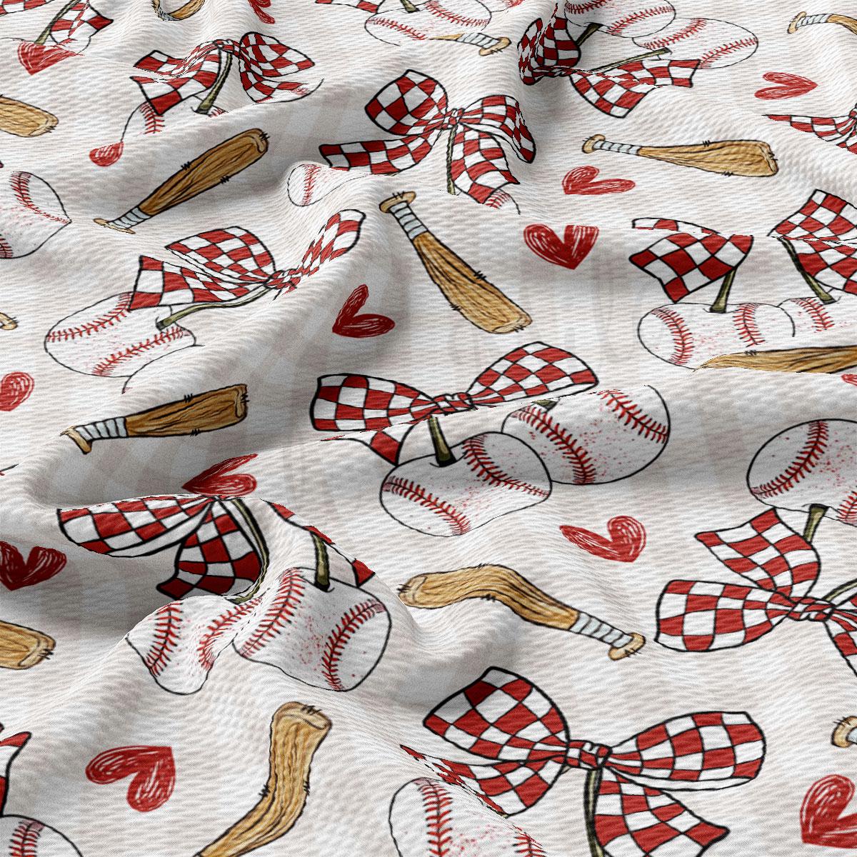 a repeating pattern of baseball-related objects, including baseball bats, baseballs, and baseball gloves, all rendered in a checkered pattern with red and white colors.