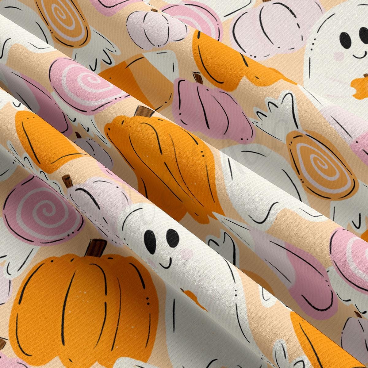 The image is a close-up of a fabric with a repeating pattern of Halloween-themed pumpkins and ghost-like figures in various shades of orange, pink, and white.