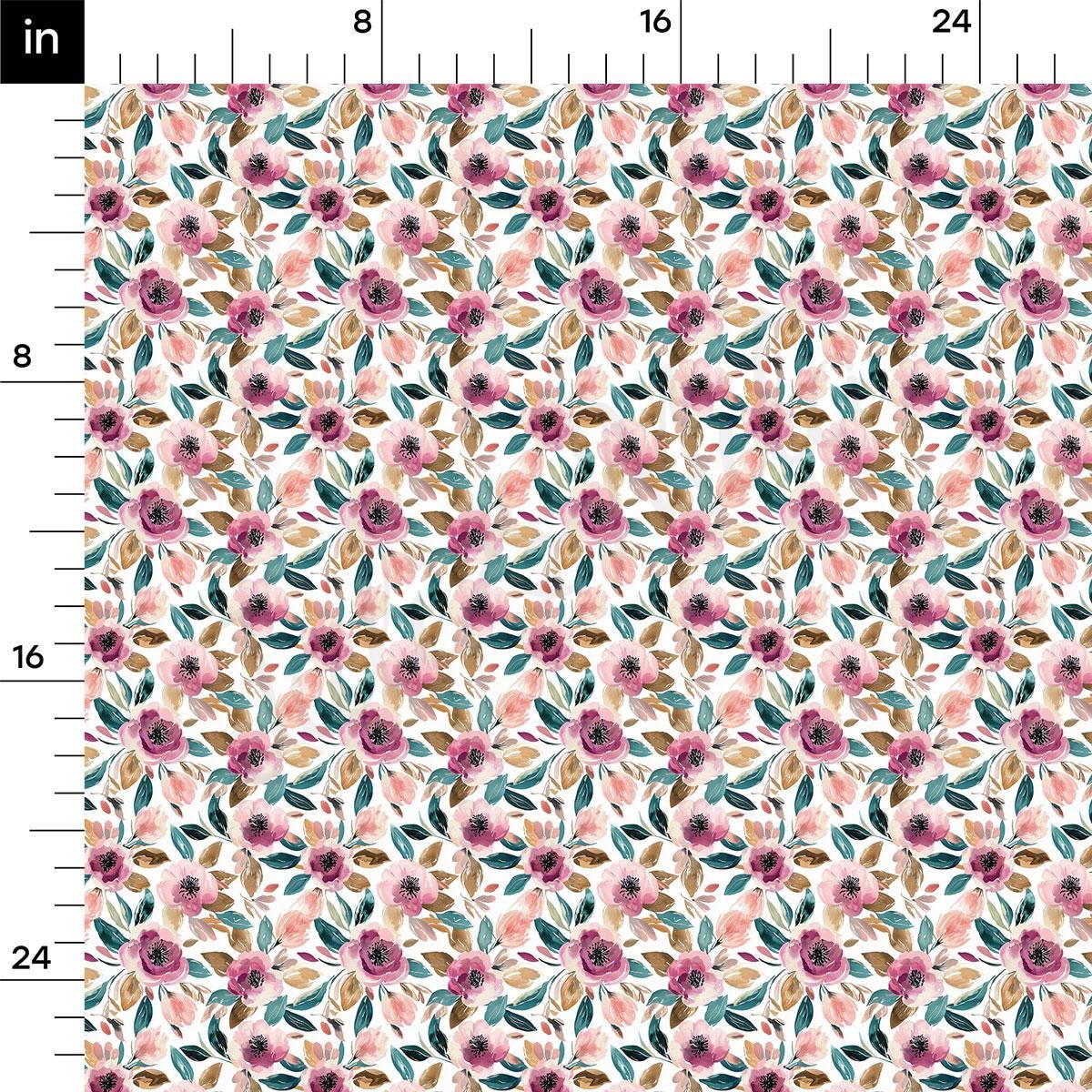 The image is a repeating pattern of pink and green flowers with leaves, creating a visually appealing and vibrant design.